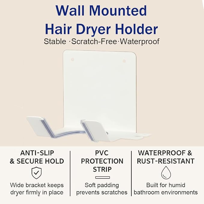 Hair Dryer Holder, Blow Dryer Holder Wall Mounted Hair Tool Organizer Self Adhesive Hair Dryer Holder Wall Mount, Compatible for HairDryer Holder for Bathroom White