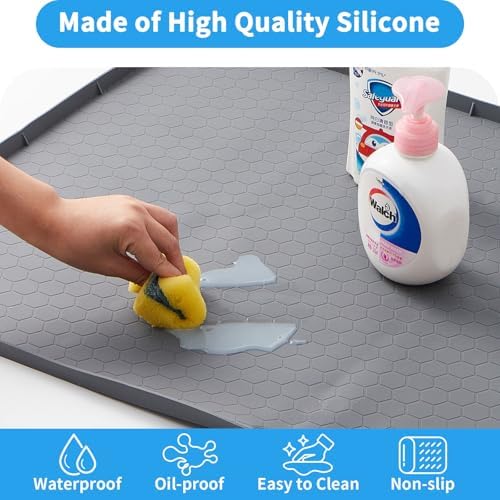 Under Kitchen Sink Mat 22" x 19", Waterproof Silicone Under Sink Tray, Under Sink Protector Mat for Bathroom and Kitchen Cabinets(Grey)