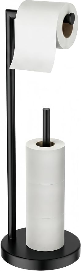 FORIOUS Toilet Paper Holder Stand with Storage for 4 Rolls, Matte Black | Modern Freestanding SUS 304 Stainless Steel Bathroom Tissue Roll Organizer with Heavy Anti-Slip Weighted Base