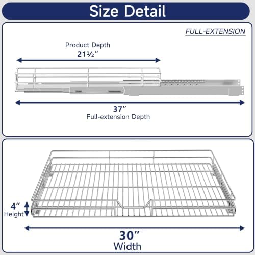 Pull Out Cabinet Organizer, 30" W x 21.5" D, Heavy Duty Chrome Slide Out Shelf for Wide Base Cabinets, Sliding Wire Basket Drawer for Pots, Pans, Appliances & Pantry Storage
