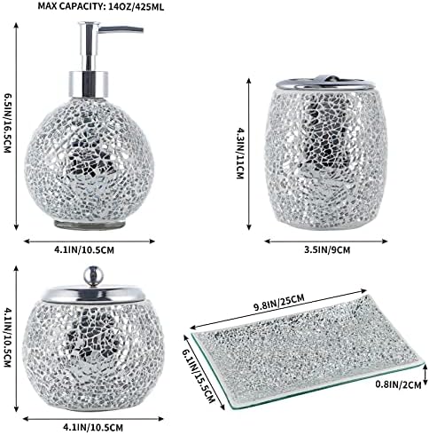 Mosaic Glass Bathroom Accessories Set, Modern Luxury Bath Ensemble, Includes Soap Dispenser & Cotton Swab Jar & Toothbrush Holder & Vanity Tray (Shiny Silver)