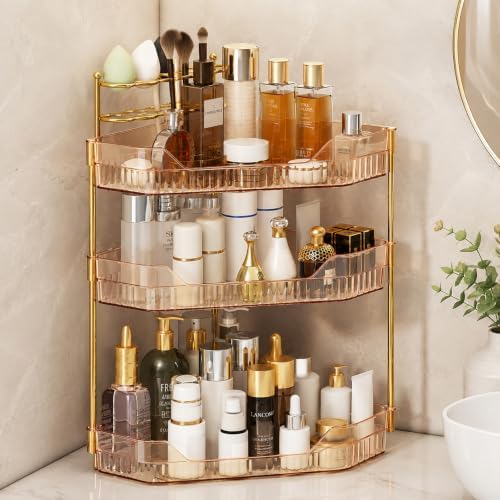 Corner Bathroom Counter Organizer with Makeup Brush Holder & Toothbrush Holders, Makeup Organizer for Vanity Countertop, Acrylic Skincare Storage Shelf (Amber, 3-Tier)