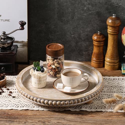 Beige Round Wooden Tray for Decor, Decorative Coffee Table Tray