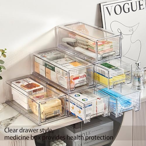 2 Pack - Clear Pulling Medicine Drawer First Aid Kit Box for Bathroom, Cabinet, Closet,Medicine Organizer, Medicine Storage Box Adhesive Bandages Family Emergency Kit (L drawer)