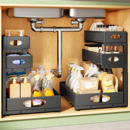 Kitstorack Under Sink Organizer 3-Tier Slide Out Drawer 2-Pack Black