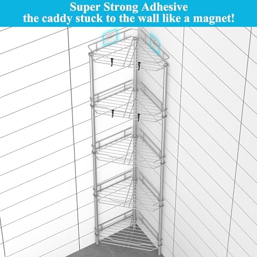HuggieGems Metal Floor Standing Corner Shower Caddy, Gray, 5 Tier