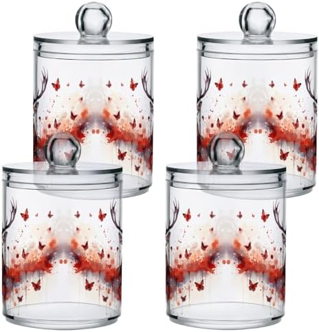 MNSRUU 4 Pack Qtip Holder Organizer Dispenser Deer Butterflies Pink Bathroom Storage Canister Cotton Ball Holder Bathroom Containers for Cotton Swabs/Pads/Floss