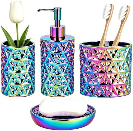 Colorful Bathroom Accessories Set 4 Pcs, Lotion Soap Dispenser, Soap Dish, Toothbrush Holder, Tumbler, Countertop Vanity Organizer for Bathroom Accessory Set