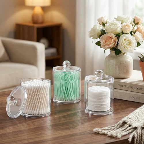 SheeChung 2 Pack Acrylic Qtip Holder with Labels, Qtip Jars for Bathroom
