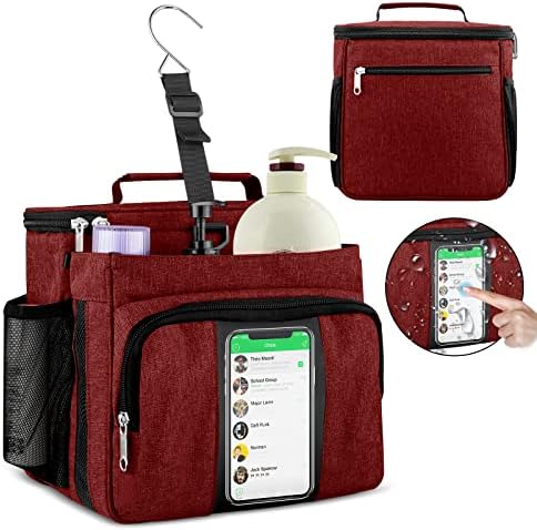 Bukere Portable Shower Caddy College Dorm Room Essential, Shower Caddy Tote Bag for Student, Girl, Women, Separate Compartment, Large Capacity, Quick Dry Mesh Base for Travel, Gym, Camp, Red