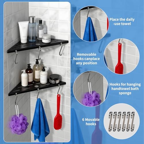2Pack Corner Shower Shelf 10" 304 Steel 6Hooks 40Lb Duty Drill-Mount Black