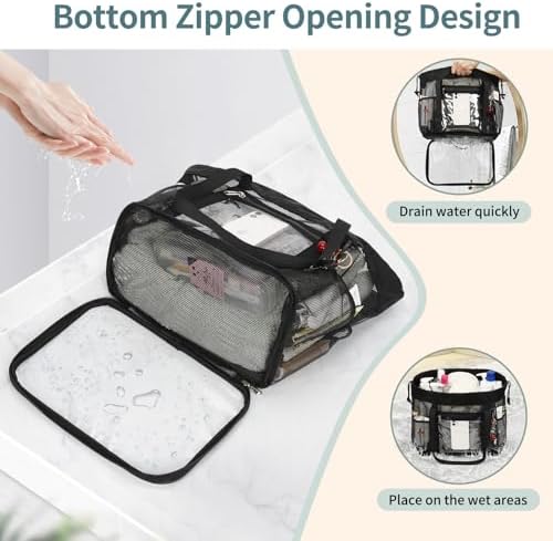 Large Shower Caddy Portable, Mesh Shower Caddy with Hook, Hanging Toiletry Bag with Dividers, Quick Dry Bathroom Tote Shower Bag with Bottom Zipper Open Design for Gym, Dorm, Camping, Beach, Travel