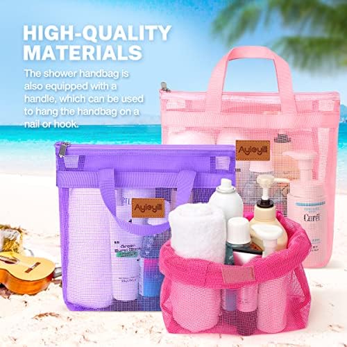 3 Pcs Portable Mesh Shower Caddy Tote, Quick Dry Tote Bag Mesh Beach Bags for Women, Hanging Toiletry and Bath Organizer for Travel Swimming Sports Gym Camp Shopping College Dorms (Pink Purple Rose)