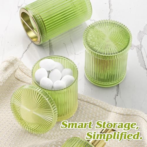 BSSN 5-Piece Green Glass Bathroom Accessories Set - Vintage Ribbed Thick Glass - Includes Soap Dispenser, Toothbrush Holder, Tumbler, 2 Q-tip Jars - Retro Bathroom Counter Organizer & Decor