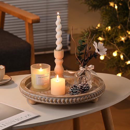 Beige Round Wooden Tray for Decor, Decorative Coffee Table Tray