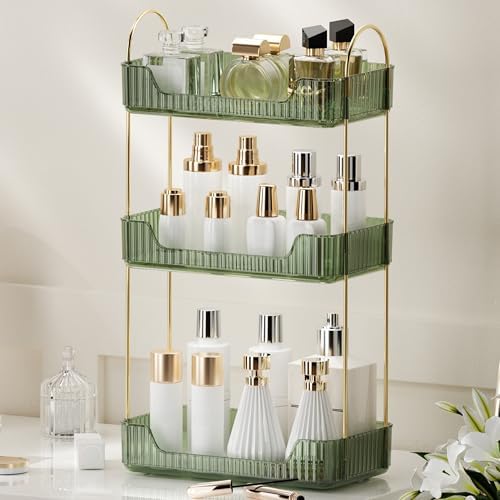YCIA&DONE Bathroom Organizer Countertop, Makeup Storage, Skincare Cosmetic Tray Shelf, Perfume Holder Rack for Vanity Counter, Large Capacity, Easy to Install, Clean, 3 Tiers, Vintage Green
