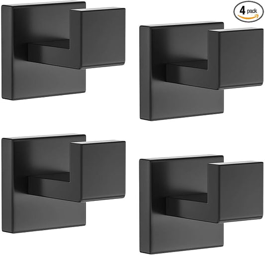 Towel Hooks for Bathroom 4 Packs Matte Black Bathroom Coat Hook Robe Towel Hooks Heavy Duty Door Hangers SUS304 Stainless Steel Wall Mounted