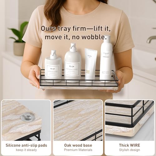 Toilet Paper Basket Organizer, Ash Wood Toilet Tank Tray with Metal Frame