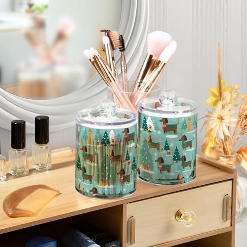 Christmas Dachshunds Clear Plastic Jars Set of 2, Clear Apothecary Plastic Jars Bathroom Canister for Cotton Pads, Cotton Ball, Cotton Swabs, Floss Picks 10 Oz