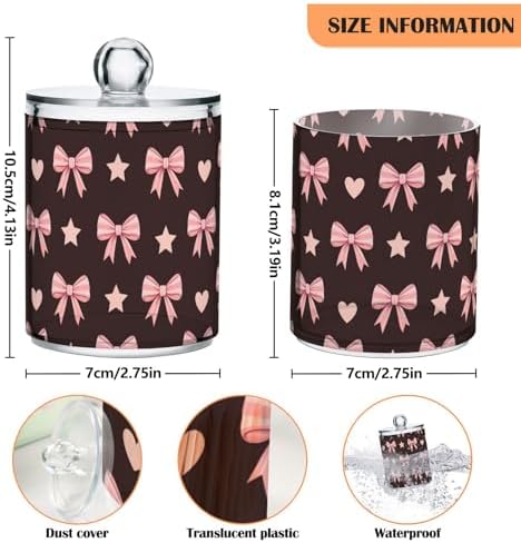 Gredecor 4 Pack Qtip Holder Clear Pink Bows and Stars Fashion Apothecary Jars with Lids Acrylic Bathroom Jars Vanity Countertop Canister Storage Organizer for Cotton Ball,Swabs,Pads,Floss