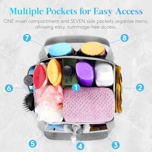 Lifewit Mesh Shower Caddy Portable for College Dorm Room Essentials with 7 Pockets, Freestanding Hanging Organizer Basket, Quick Dry Tote Bag for Camping, Bathroom, Beach, Travel, 1 Pack, Grey