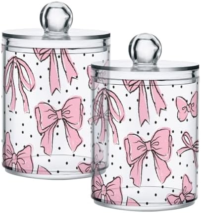 2 Pack Apothecary Jars Bathroom Bow Pink Qtip Holder Dispenser Clear Plastic Storage Canister Jar with Lid for Cotton Ball, Cotton Swab