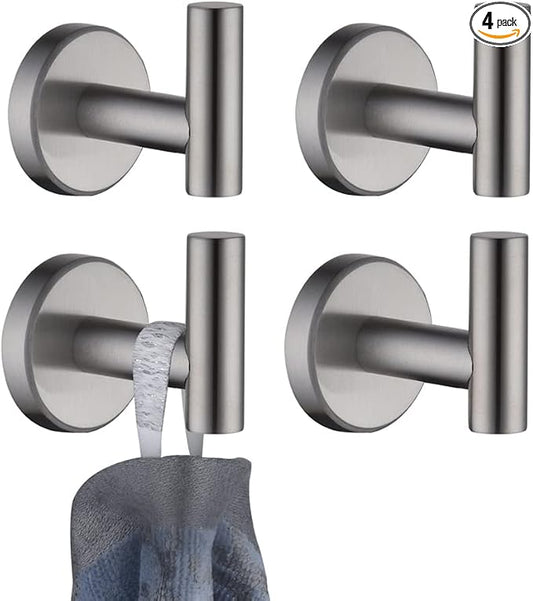 JQK Bathroom Towel Hook, Coat Robe Clothes Bath Wall Hooks for Kitchen Garage SUS 304 Stainless Steel Thick 0.8mm, 4 Pack Brushed Finish, TH100-BN-P4