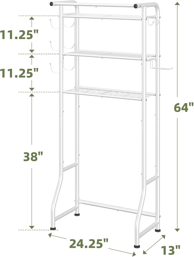 Simple Trending 3 Tier Over The Toilet Storage Rack, Metal Bathroom Shelf, Bathroom Stand Organizer Space Saver with Paper Holder and Hooks, White