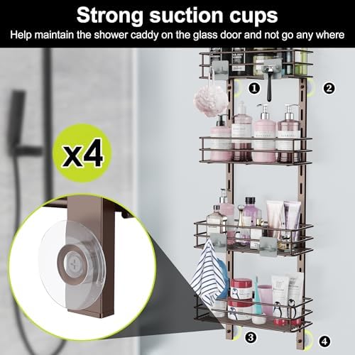Orimade Over the Door Shower Caddy Adjustable 5 Tier Bronze,Bathroom Hanging Organizer Shelf Rustproof with 4 Hooks,Shower Basket with Soap Holder and Suction Cup
