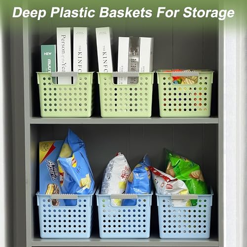 Soddeph 4 Pack Plastic Storage Basket with Handles, Small Deep Organizer Bin with Hollow Design for Under Counter, Shelf, Closet, Kitchen or Bathroom (Green, Small)