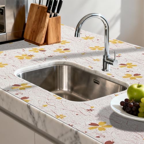 FIFTY FEET 12"x120" Non-Adhesive Shelf Liner for Kitchen Cabinets and Drawers, Washable Non-Slip PVC Cabinet Liner (Yellow Floral)(1 Roll)