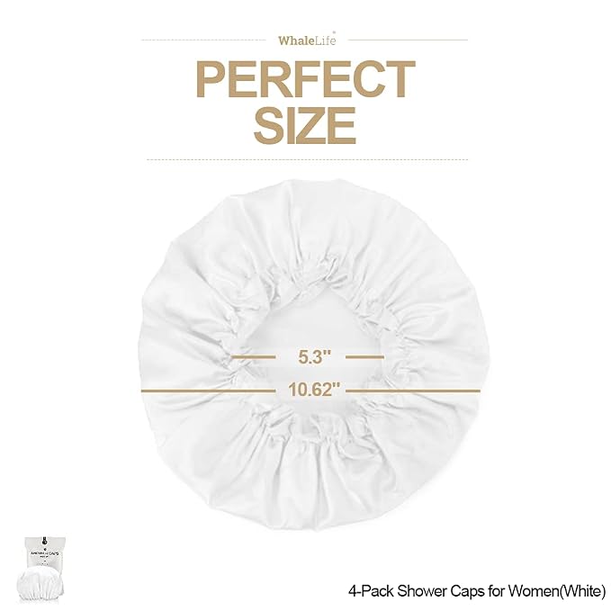 Shower Cap for Women Reusable Extra Large Shower Cap for Men (White 4 Pack Large) Satin Double Layer EVA Waterproof Long Hair Cap | Double Layer 100 Percent Dry Jumbo Oversized Fits Thick Hair Smooth Lining Prevents Hair Frizz Snug Elastic Band No Pres...