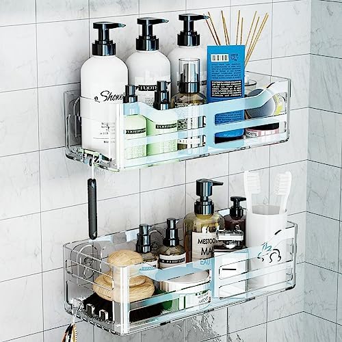 JiePai Acrylic Shower Caddy,Wall Mounted Bath Organizer with Hooks 2 Pack
