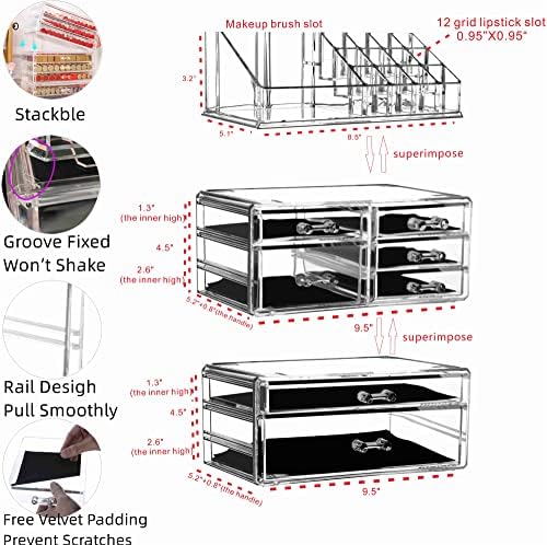 Cq acrylic 3 Pack Clear Skincare Organizer for Vanity, Stackable 7 Drawers Make Up Organizer,Cute Cosmetic Organizer for Vanity Jewelry,Hair Clip,Beauty,Skincare Product Dresser Acrylic Desk Organizer