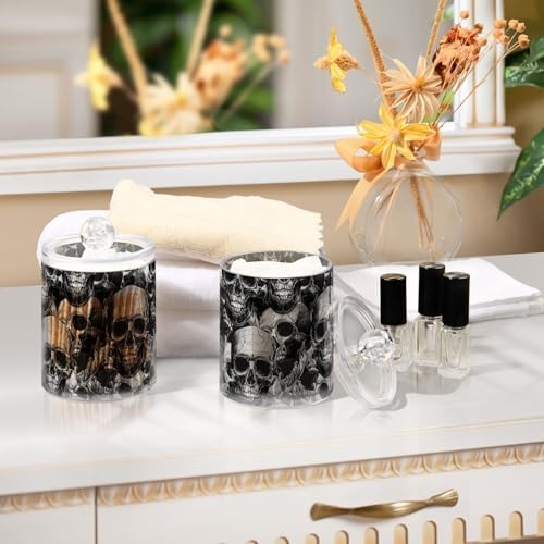 MNSRUU 2 Pack Qtip Holder Organizer Dispenser Black Goth Skull Bathroom Storage Canister Cotton Ball Holder Bathroom Containers for Cotton Swabs/Pads/Floss