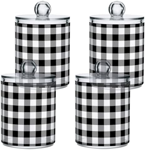 Gredecor Qtip Holder Dispenser 2 Pack Black White Classic Buffalo Plaid Bathroom Decorative Storage Canister Holder Counter Vanity Organizer for Cotton Ball Swabs Pads Floss