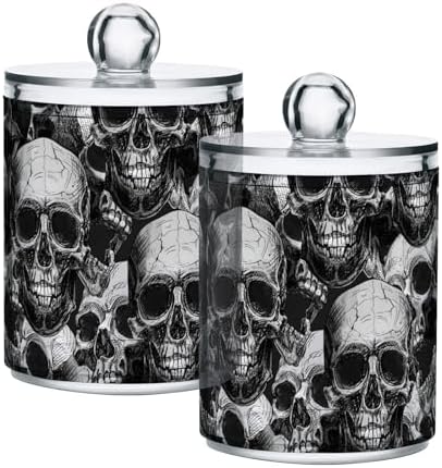 MNSRUU 4 Pack Qtip Holder Organizer Dispenser Black Goth Skull Bathroom Containers Plastic Bathroom Vanity Storage Canister Apothecary Jars for Cotton Swabs/Pads/Floss