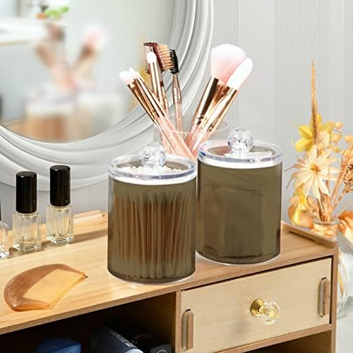 SHJI Tan Qtip Holder Organizer Dispenser Cotton Swabs Cans Plastic Jars with Lid Set 2 Pack Bathroom Storage Canister for Cotton Ball Floss Cotton Pads