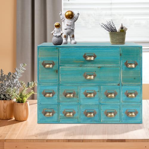 Apothecary Cabinet with 14 Drawers Card Catalog Cabinet, Library Card Catalog Drawer with Metal Handles & Label Slot Wooden Desk Drawer Organizer for Herb Storage, Tea Collection (Blue)