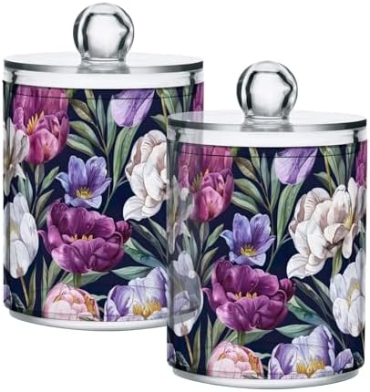 White and Purple Tulips Qtip Dispenser Set of 2, Apothecary Jars with Lids Makeup Brush Container for Cotton Ball, Swab, Floss, Makeup Sponges, Hair Clip 10 Oz