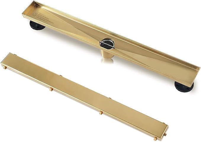 Neodrain 30-Inch Gold Linear Shower Drain, 2-in-1 Flat & Tile Insert Cover, Stainless Steel Linear Drain, Brushed Brass Rectangle Shower Floor Drain with Hair Strainer, Watermark&CUPC Certified