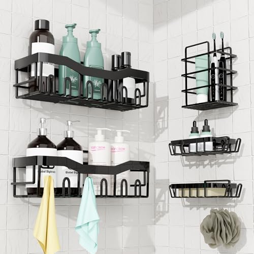 Adhesive Shower Caddy 5 Pack – Rustproof Stainless Steel No-Drill Bathroom Organizer Shelves with Large Capacity, Waterproof Storage Racks for Shower, Kitchen, Dorm, Apartment, and Home