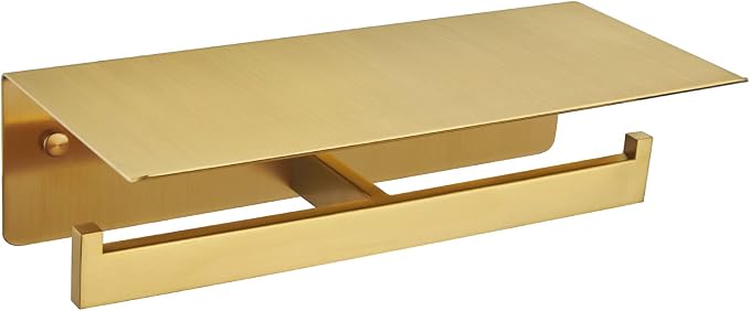 APLusee Brushed Dark Gold Double Toilet Paper Holder with Shelf, Heavy Duty 304 Stainless Steel Tissue Holder for Bathroom with Storage, Commercial Paper Roll Dispenser Wall Mounted