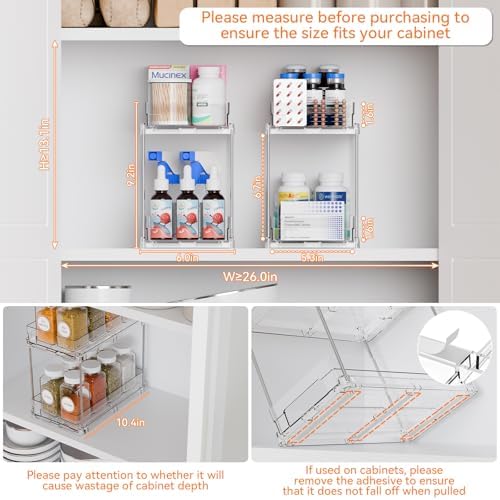 Yieach 2 Tier Pull Out Cabinet Organizer and Medicine Cabinet Storage for Supplement,Vitamin,Medication and Pill Bottle,10.4" Deep Pantry Organizers Drawer,Under Sink Organizer for Bathroom,Cupboard