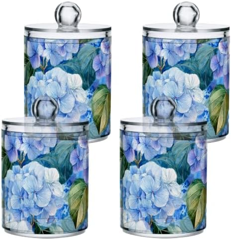 Fustylead 4 Pack Vibrant Watercolor Blue Hydrangea and Leaves Qtip Holder Dispensers, Plastic Apothecary Jar Bathroom Accessories Set for Cotton Ball, Swab, Round Pads, Floss