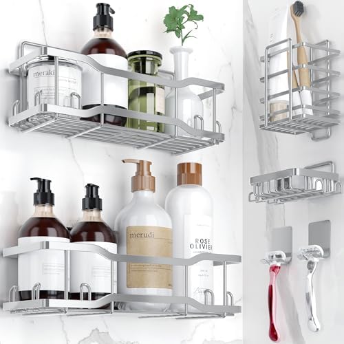 Shower Caddy Bathroom Shelves, The Athena Silken 4 Set, 40LB Capacity, Adhesive Tape No Drill - Rustproof -Gorgeous Powder Coated 304 Stainless Steel Shower Organizer for kitchen & Home Decor - Silver