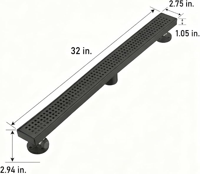 AVSIILE Linear Shower Floor Drain, Matte Black 32 Inch 304 Stainless Steel Bathroom Drains Kit, Long Rectangular Shower Trench Drain with Square Pattern Drain Cover & Hair Catcher