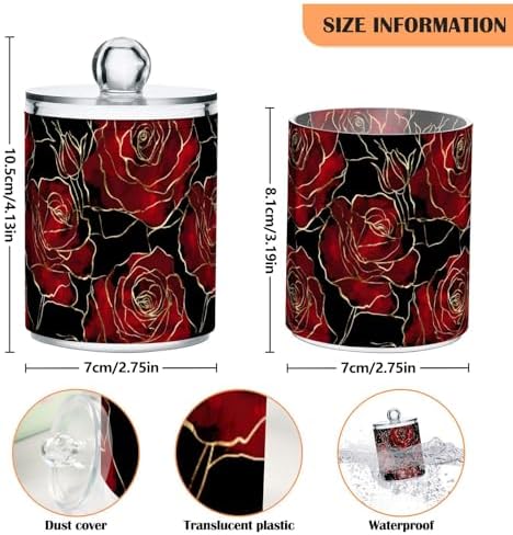 2 Pack Qtip Holder Organizer Dispenser Valentines Red Black Roses Bathroom Storage Canister Cotton Ball Holder Container for Cotton Pads/Swabs/Floss