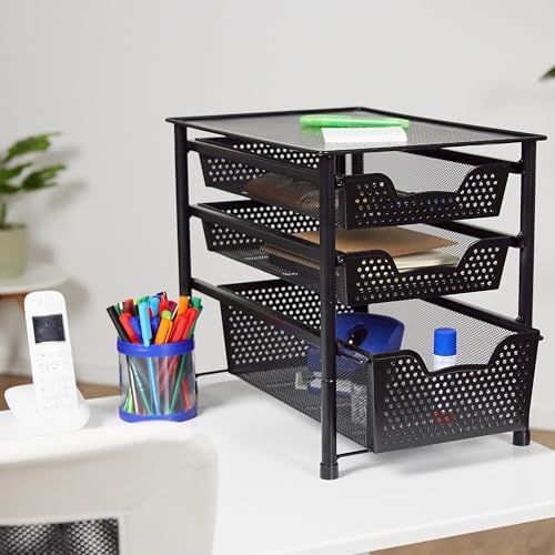 Relaxdays Drawer Shelf, Stackable Office Organiser, 3 Pull-Out Baskets, Metal, Kitchen, Bathroom, HBT: 35 x 28 x 42.5 cm, Black