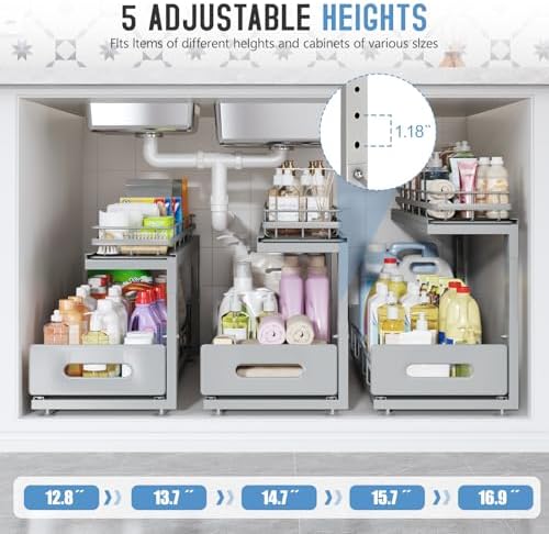 Under Sink Organizer Upgrade To Professional Rails,2-Tier Dual Pull Out Cabinet Storage,Height Adjustable Slide Out Drawers For Bathroom Kitchen,2 Pack-14.5"Dx12.8"-16.9"H,Gun Gray